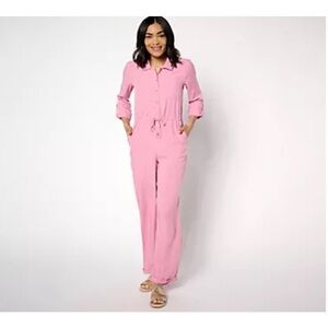Muk Luks Pink Collared Long-Sleeve Jumpsuit